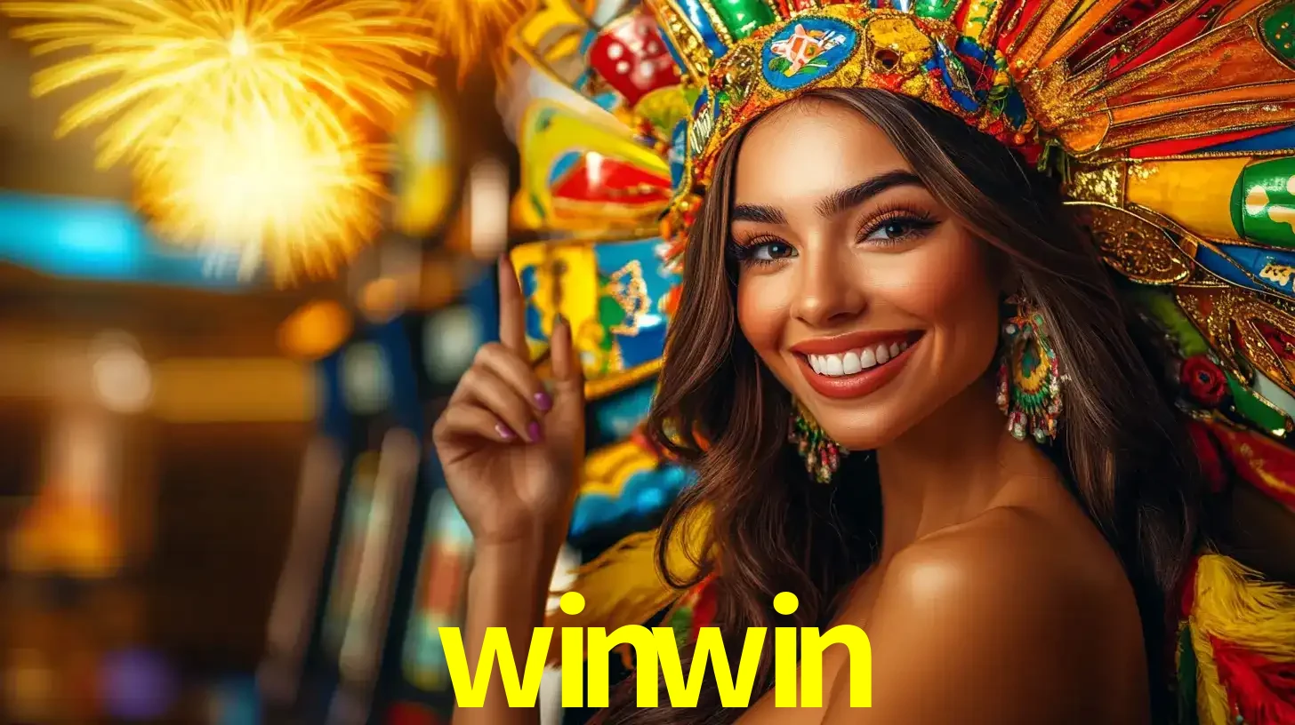 Mulher sorridente com um cocar de carnaval vibrante e colorido, celebrando uma grande vitória nos jogos do cassino winwin com fogos de artifício ao fundo.