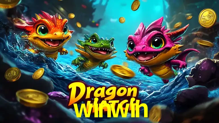 Arte promocional do jogo Dragon Hatch com três adoráveis dragões bebês nadando entre moedas de ouro, um dos slots mais divertidos para jogar no cassino winwin.