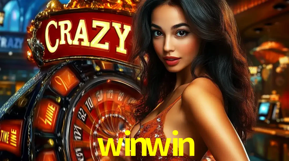 Mulher glamourosa olhando para a câmera com a roda vermelha do Crazy Time ao fundo em um ambiente de cassino, destacando a emoção dos jogos ao vivo no winwin.