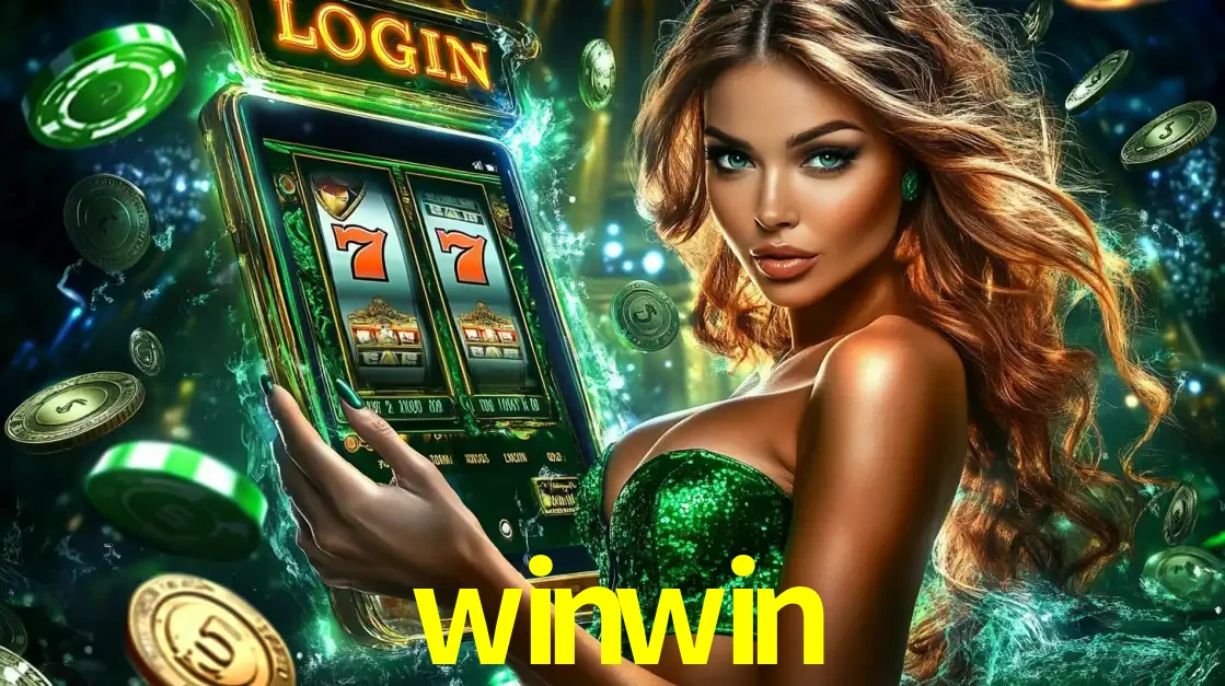 Mulher com tema verde apresentando o aplicativo do cassino winwin com um jogo de slot de 777, cercada por fichas de cassino e uma aura de sorte.