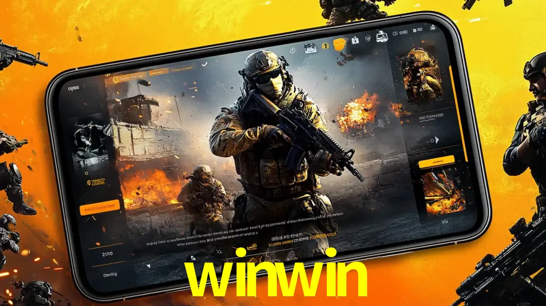 Um smartphone exibindo a interface de um jogo de tiro em primeira pessoa, com um soldado em um cenário de batalha, representando a ação dos e-sports para apostar no winwin.