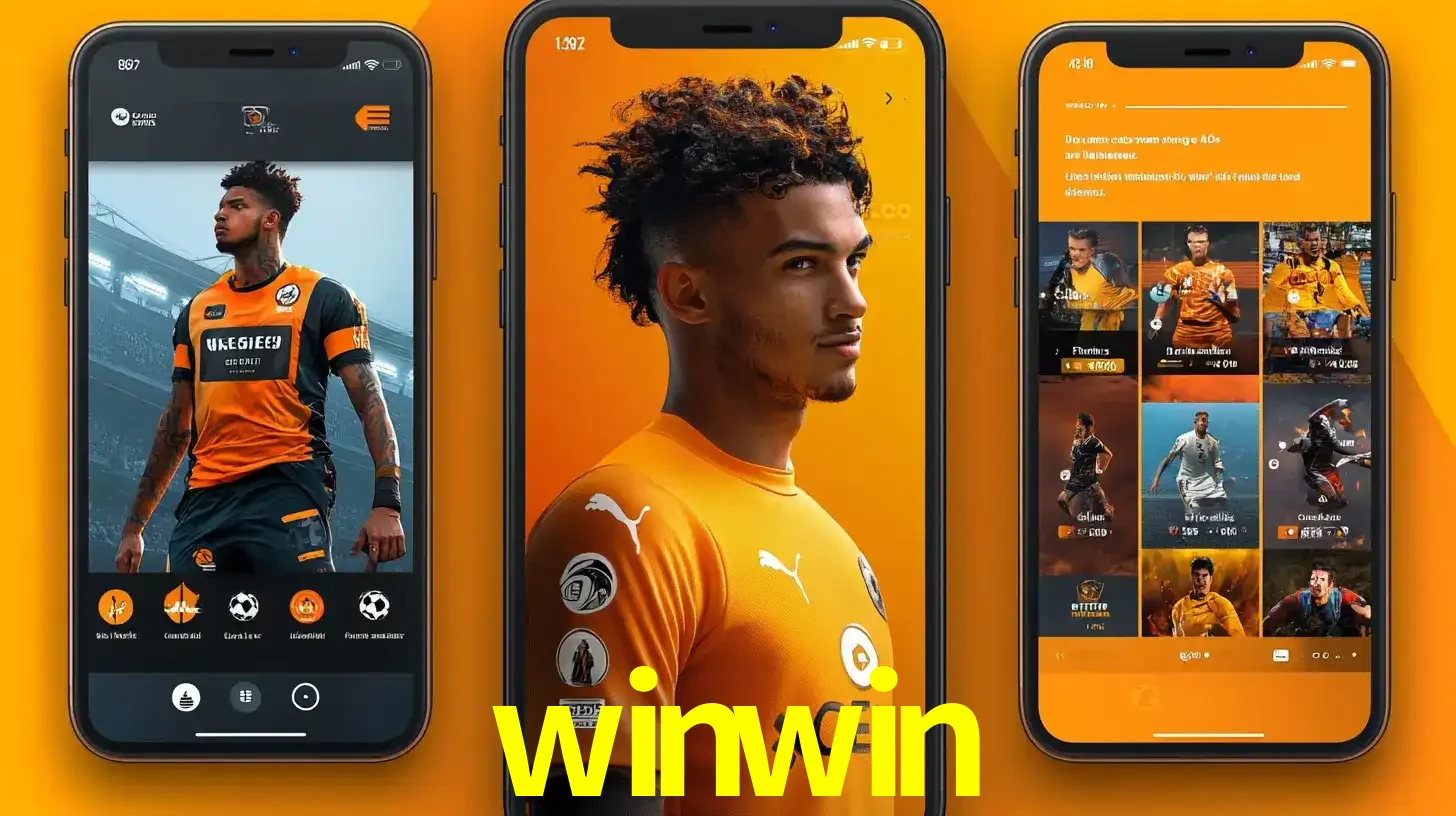 Interface do aplicativo de apostas esportivas winwin em três telas de celular, mostrando o perfil de um jogador de futebol e a lista de jogos disponíveis para apostar.