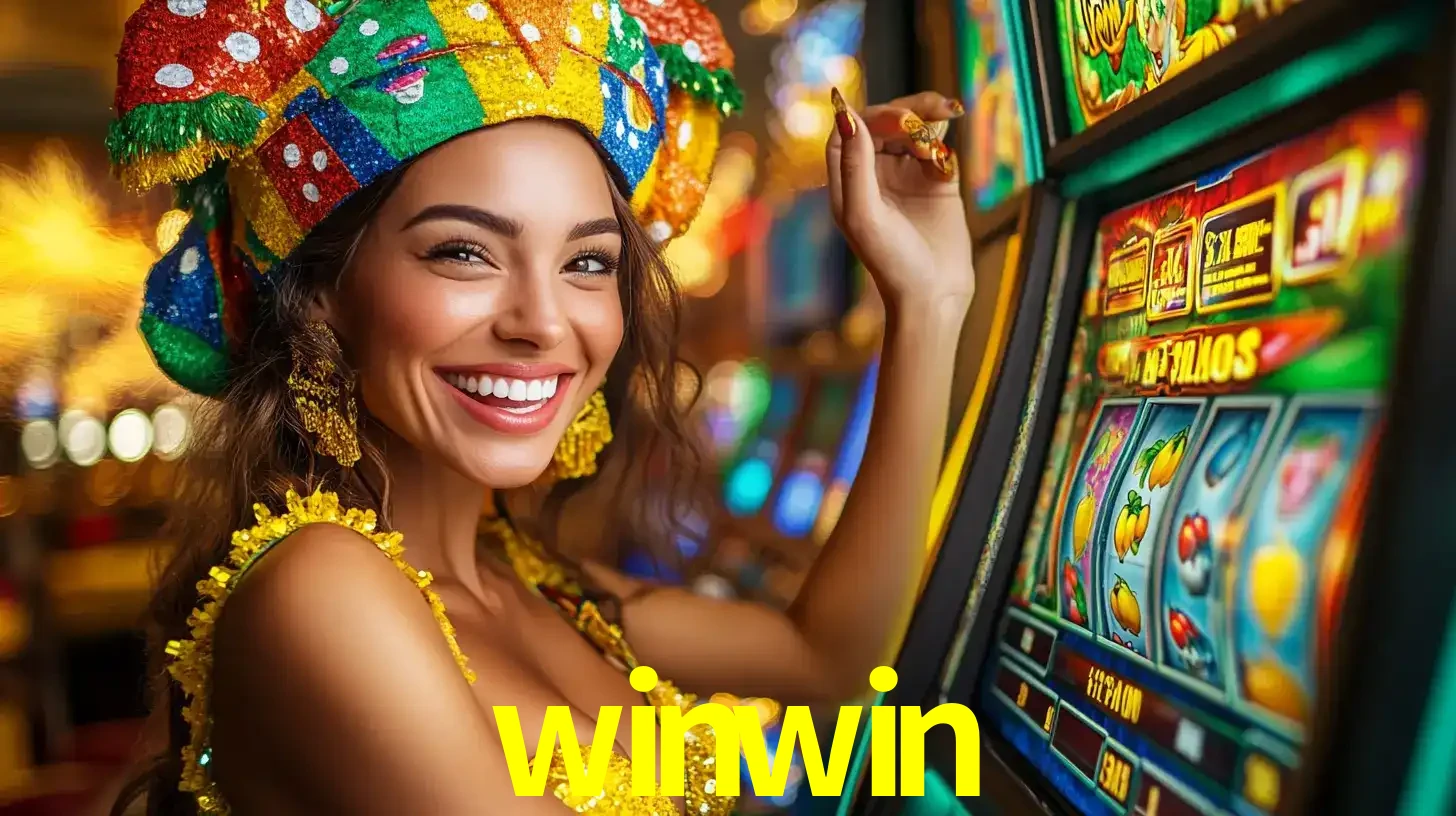 Mulher feliz com traje de carnaval amarelo e colorido ao lado de uma máquina de caça-níqueis, aproveitando a diversão e os jogos temáticos do cassino winwin.