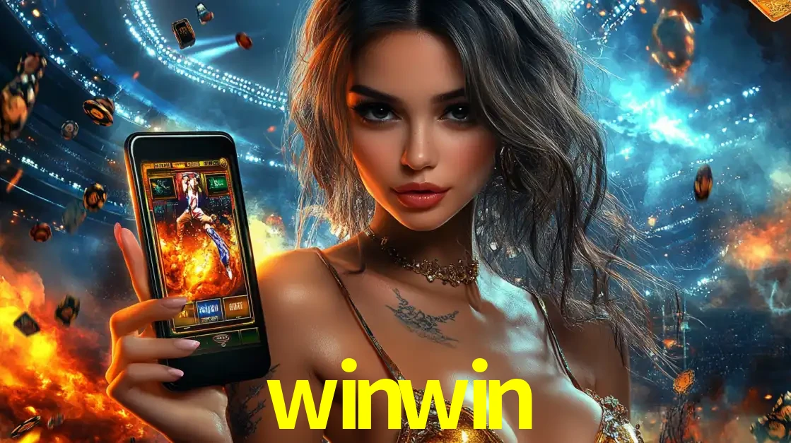 Mulher segurando um celular com um jogo de slot em destaque, tendo como fundo um estádio vibrante, simbolizando a emoção de jogar no cassino móvel winwin.