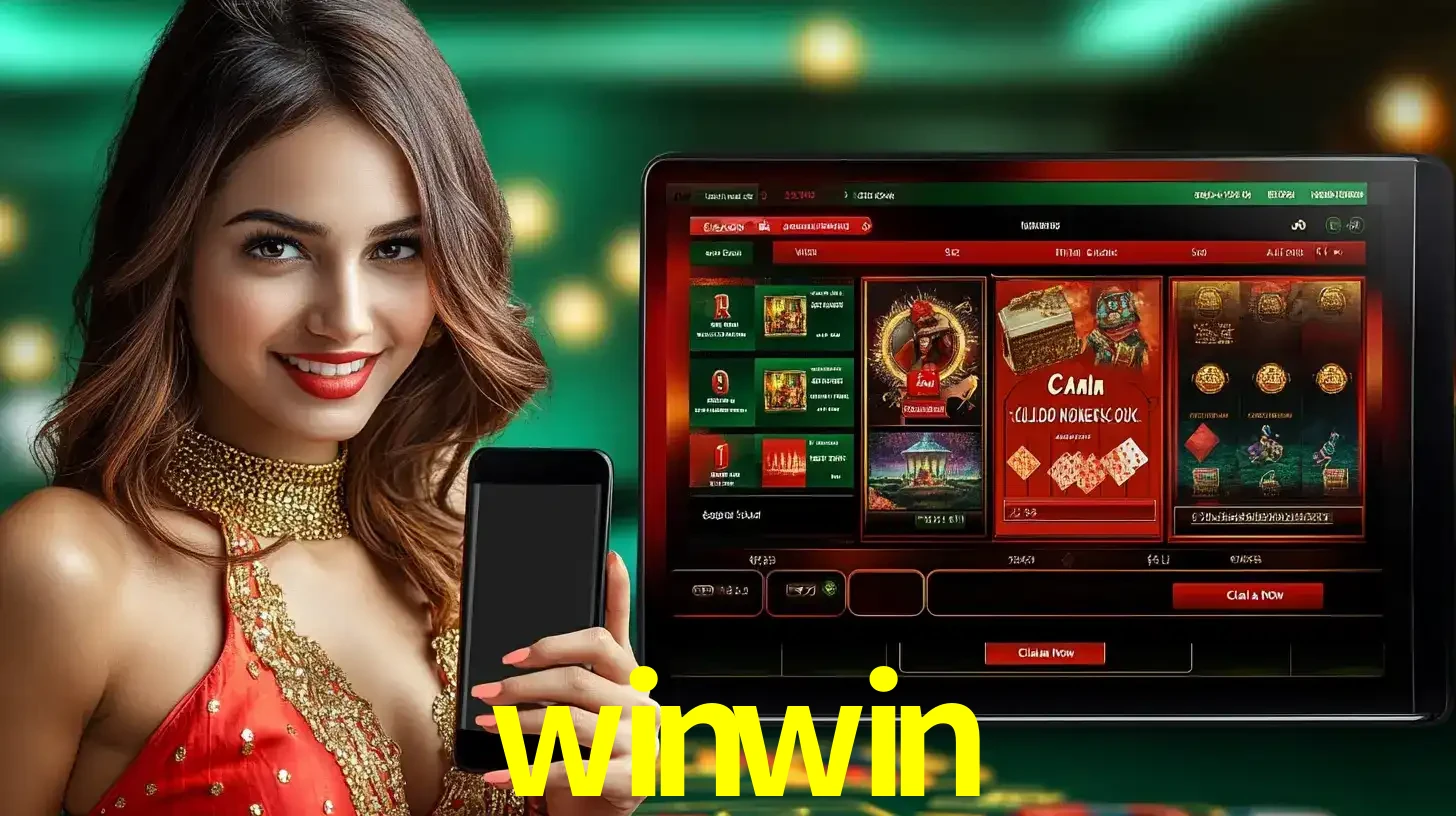 Mulher sorridente segurando um smartphone, ao lado de uma tela exibindo o lobby de jogos do cassino online winwin, com várias opções de jogos de cartas e slots.